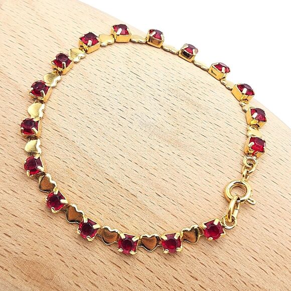 Vintage Sweetheart Ruby Red Rhinestone & Gold Heart Tennis Bracelet - Picture 2 of 10